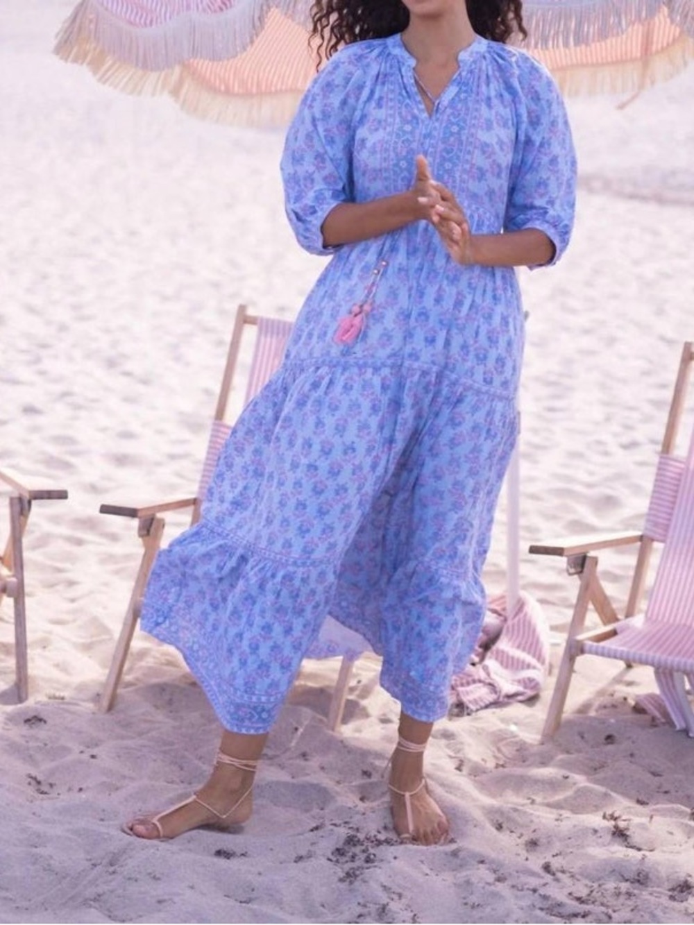 Bell By Alicia Elizabeth Light Blue Printed Maxi Dress with Tassels. Size Small